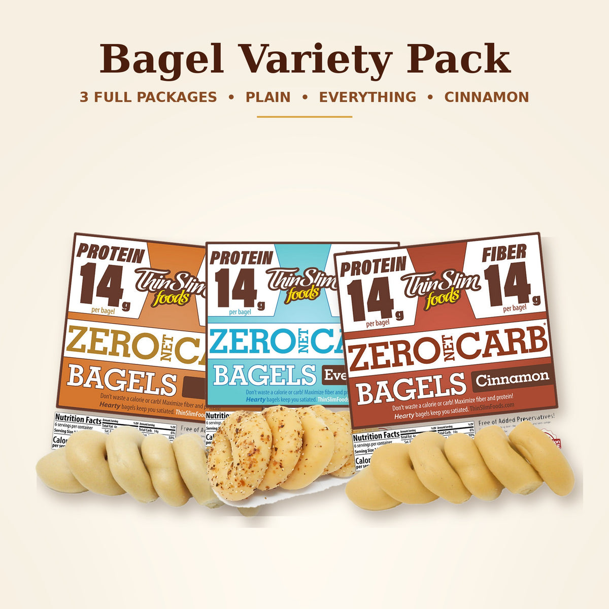 Zero Net Carb Bagel Variety Pack: Plain, Everything and Cinnamon