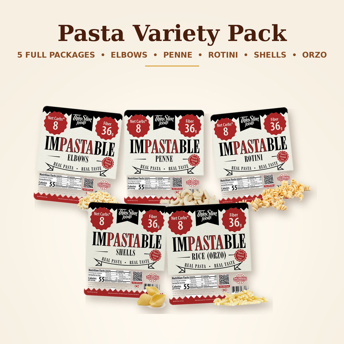 Impastable Pasta Variety Pack: Elbows, Penne, Rotini, Shells and Orzo