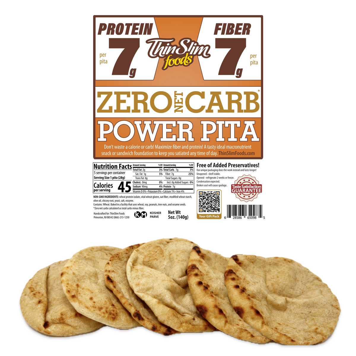 ThinSlim Foods Zero Net Carb Power Pita label above pita breads.