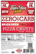 ThinSlim Foods small thin pizza crust label with Nutrition Facts, ingredients, preparation instructions, and storage instructions.