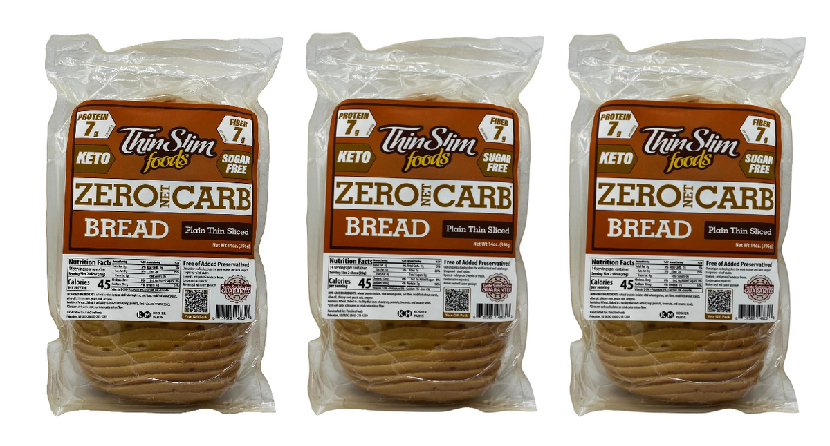 Three packages of ThinSlim Foods Plain Thin Sliced Zero Net Carb Bread.