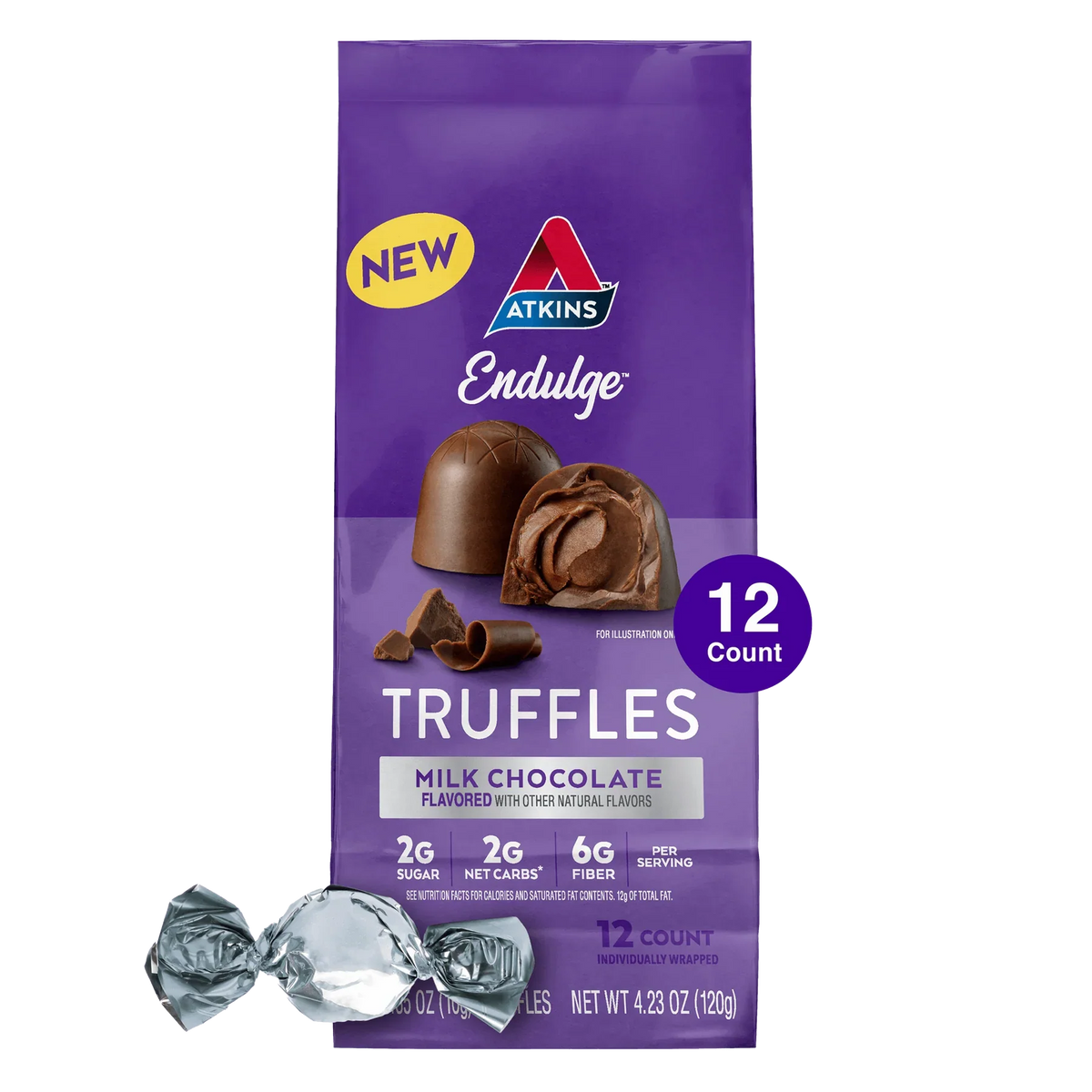 Front package of Atkins Nutritionals Endulge Candy Bars, Milk Chocolate Truffles, 12 ct