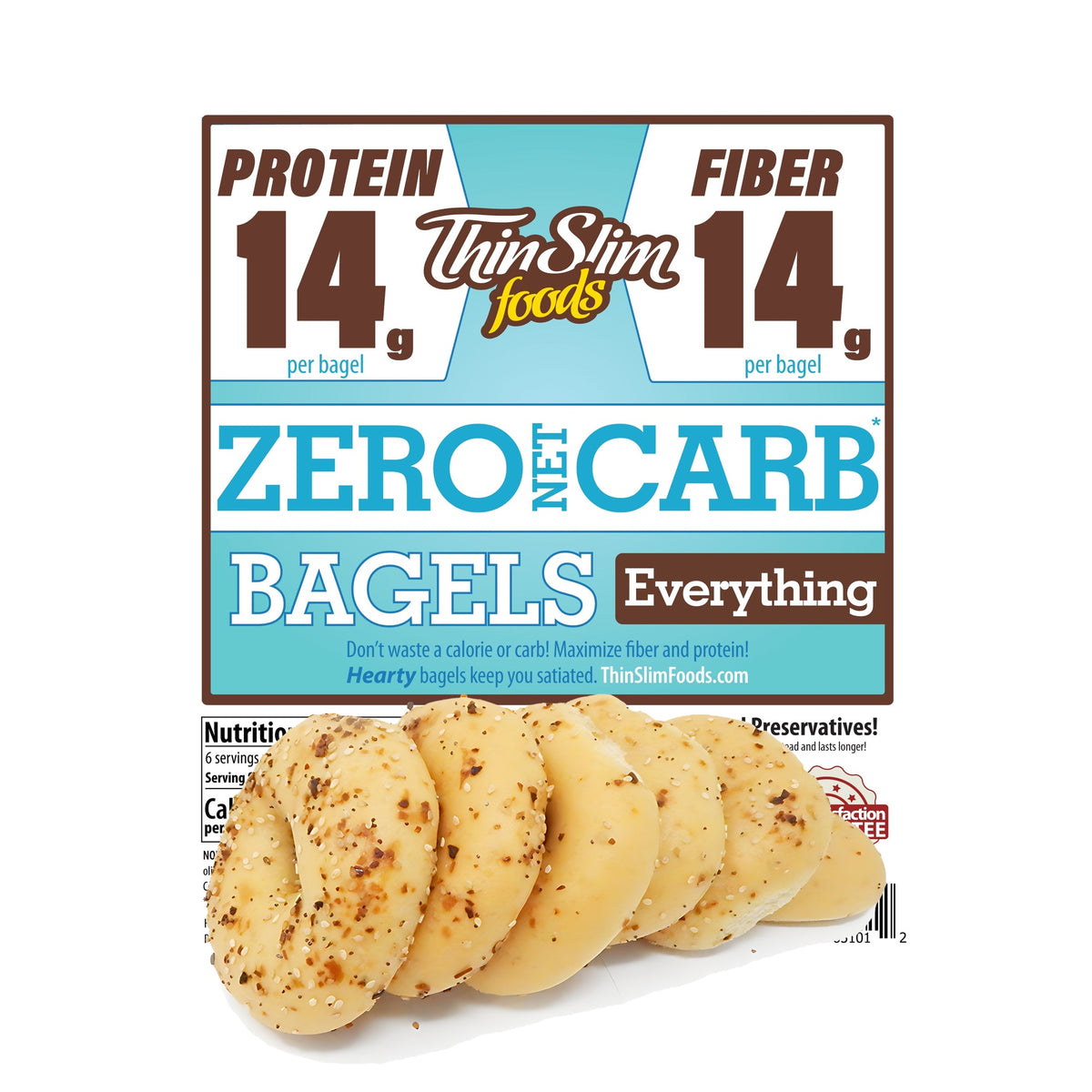 ThinSlim Foods Zero Net Carb Everything Bagels label above seeded bagels.