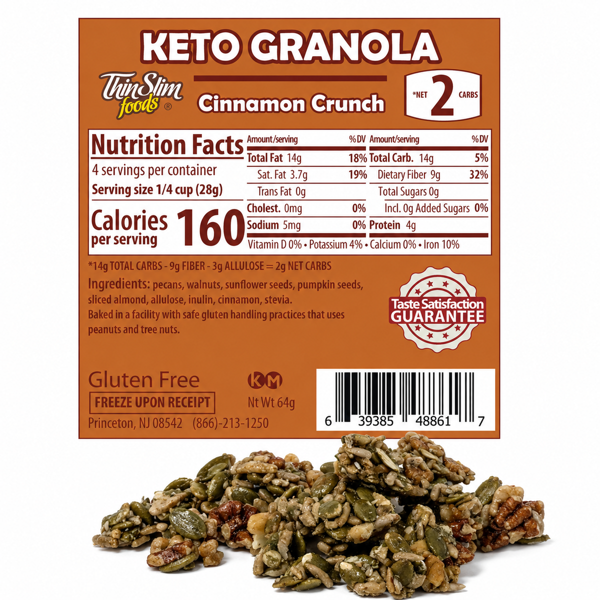 ThinSlim Foods Cinnamon Crunch Keto Granola label above granola clusters.