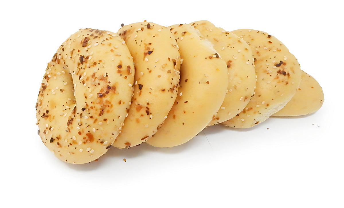 ThinSlim Foods Everything Bagels with seeds on a white background.