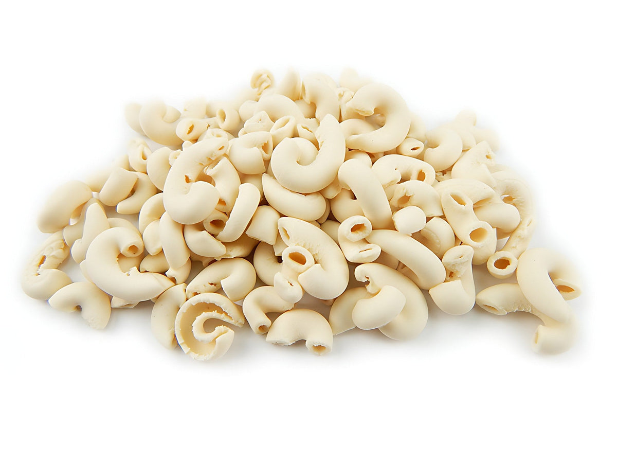 A pile of dry Impastable elbow pasta on a white background.