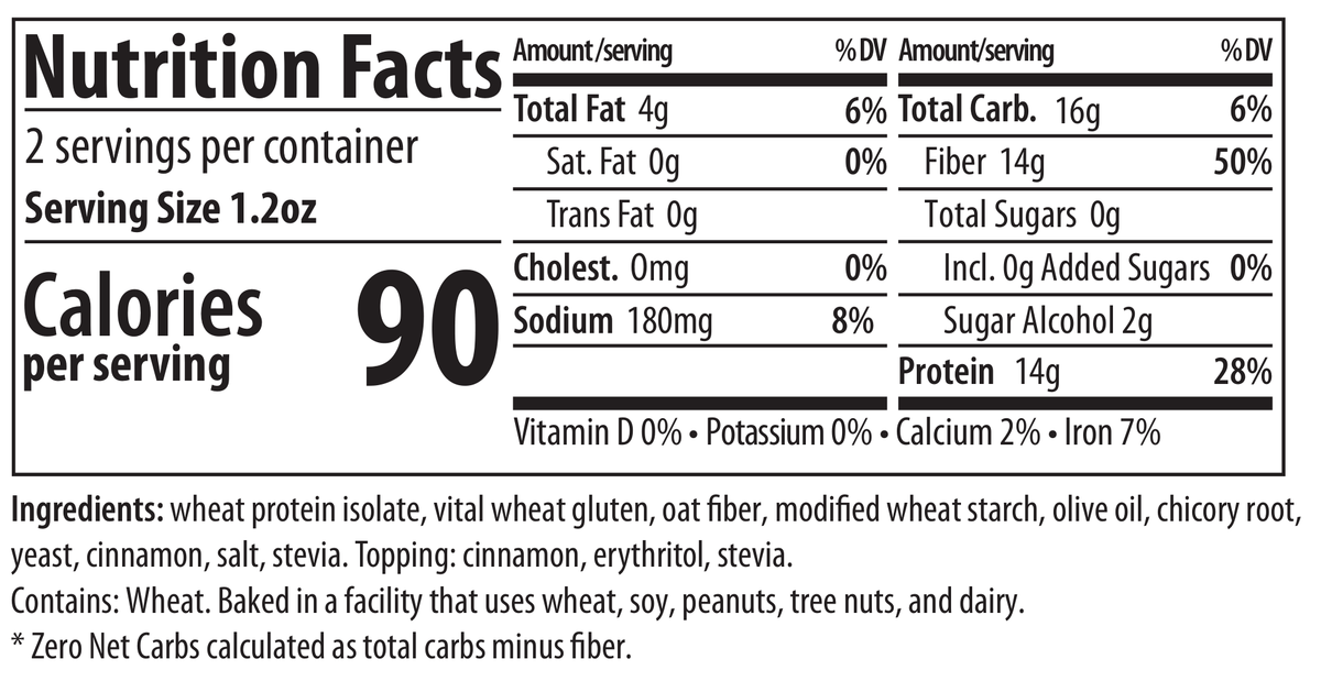ThinSlim Foods Bagel Chips Cinnamon and Sweet nutrition facts, serving size, ingredients, and allergen information.