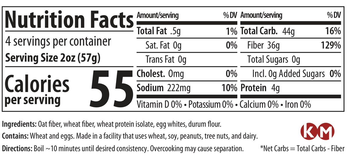 ThinSlim Foods Impastable Low Carb Pasta Rotini nutrition facts, serving size, ingredients, and allergen information.