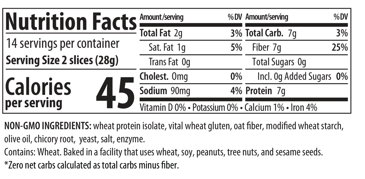 ThinSlim Foods Zero Net Carb Bread, Thin Sliced Plain nutrition facts, serving size, ingredients, and allergen information.