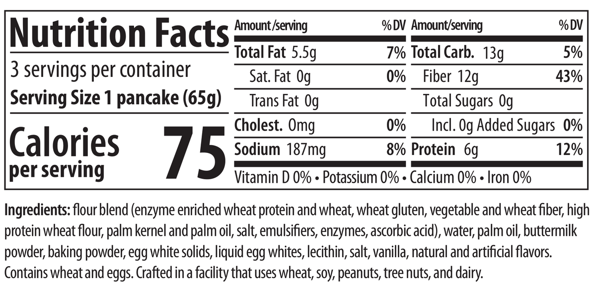 ThinSlim Foods Pancakes nutrition facts, serving size, ingredients, and allergen information.