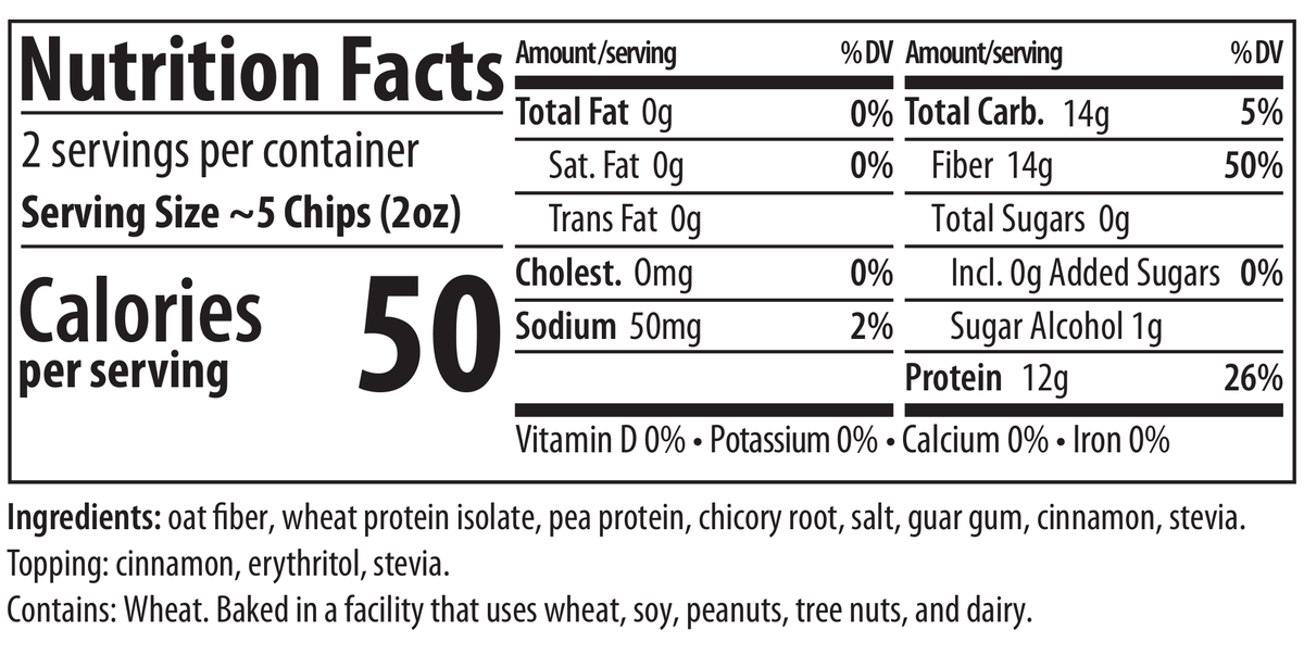 ThinSlim Foods Xtreme Bagel Slices Cinnamon and Sweet nutrition facts, serving size, ingredients, and allergen information.