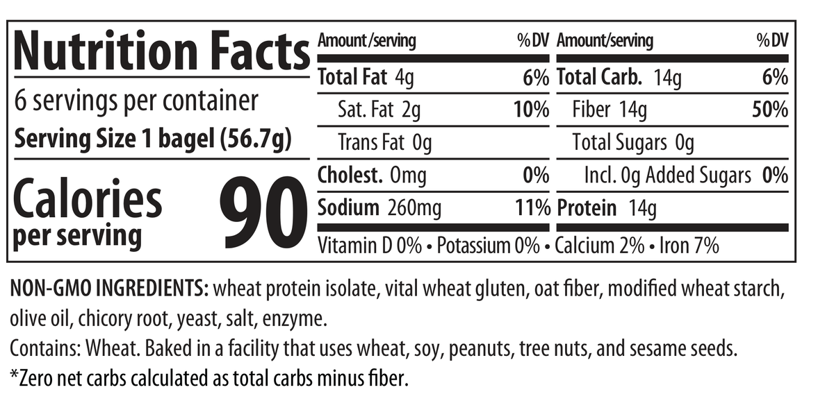 ThinSlim Foods Zero Net Carb Bagels Plain nutrition facts, serving size, ingredients, and allergen information.