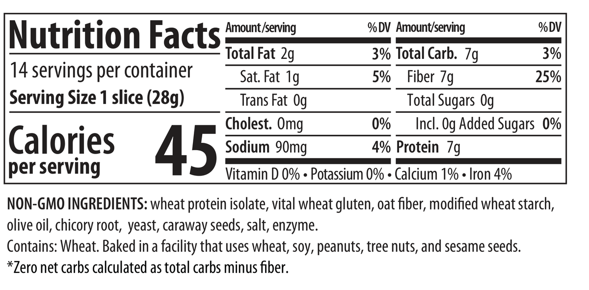 ThinSlim Foods Zero Net Carb Bread Rye nutrition facts, serving size, ingredients, and allergen information.