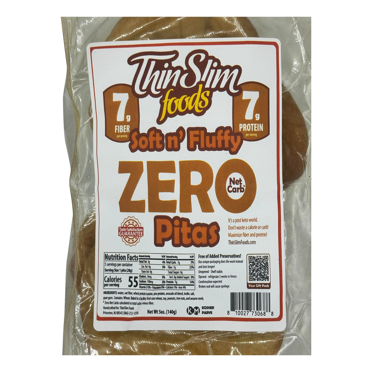 A package of ThinSlim Foods Soft n' Fluffy Zero Net Carb Pitas.