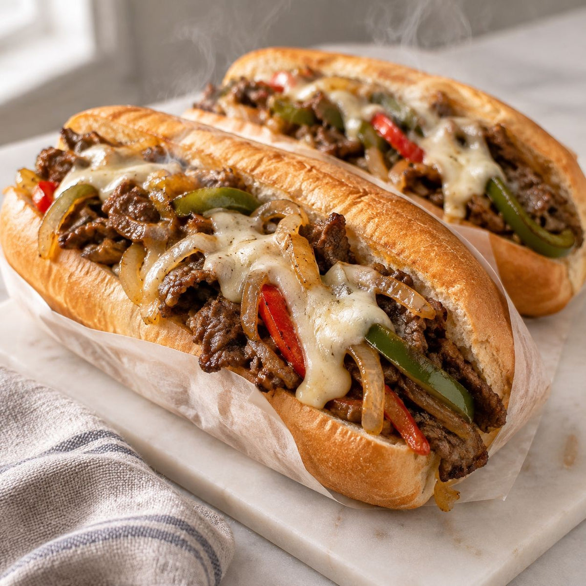 Philly Cheesesteak on Long Rolls