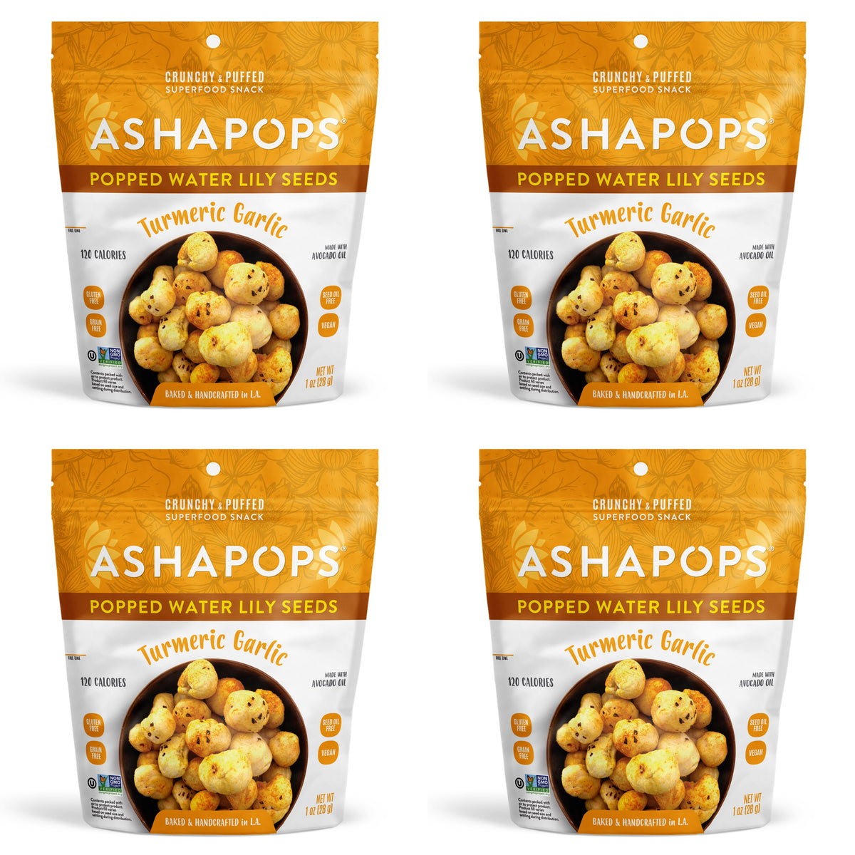 Four bags of Ashapops popped water lily seeds are displayed, featuring a turmeric garlic flavor, with each bag showing a bowl of the crunchy snack and highlighting its vegan and low-calorie attributes.