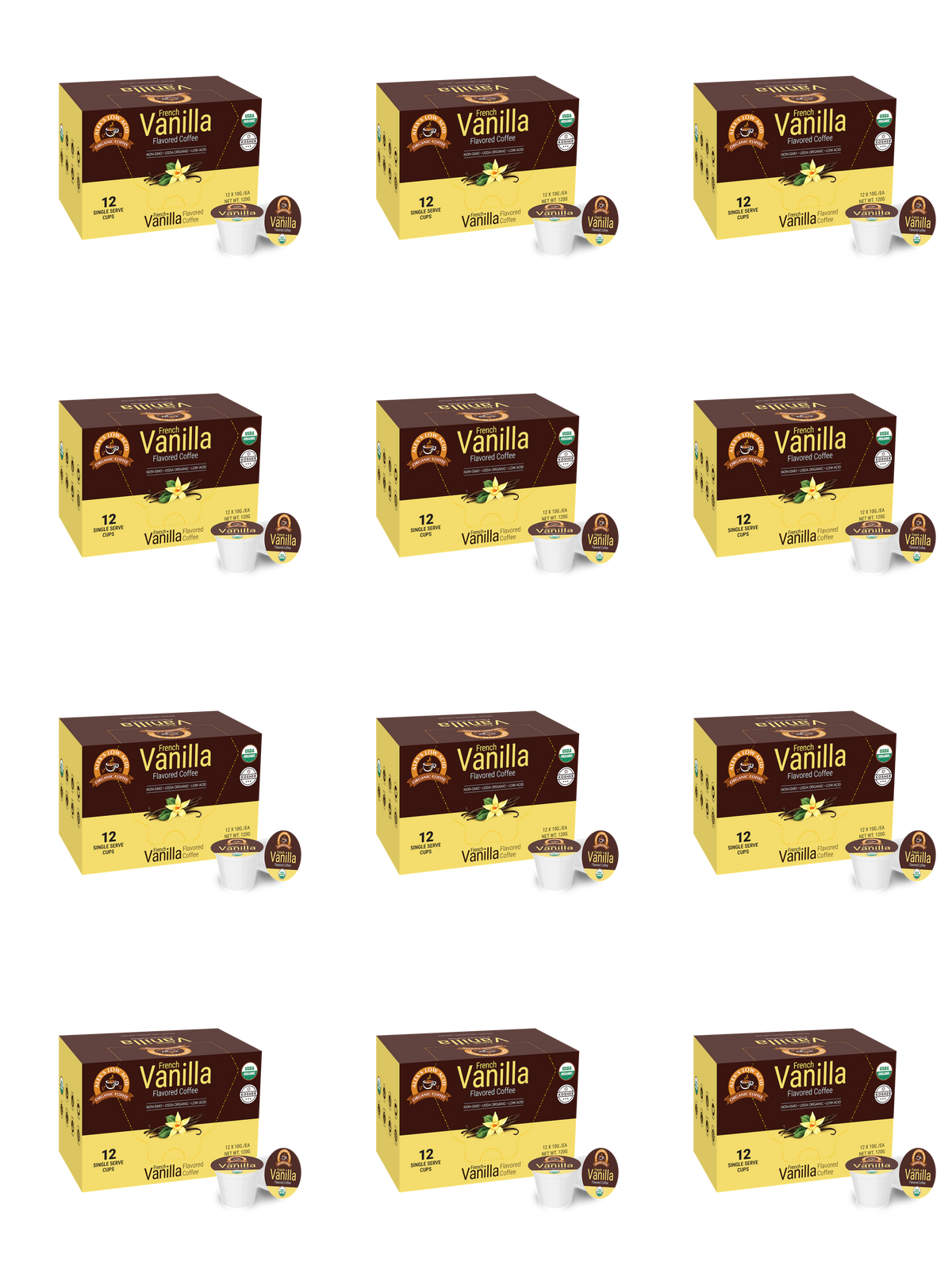 Twelve boxes of French Vanilla flavored coffee pods are arranged in a grid, each box displaying the brand name and product details, with a coffee pod beside each box.