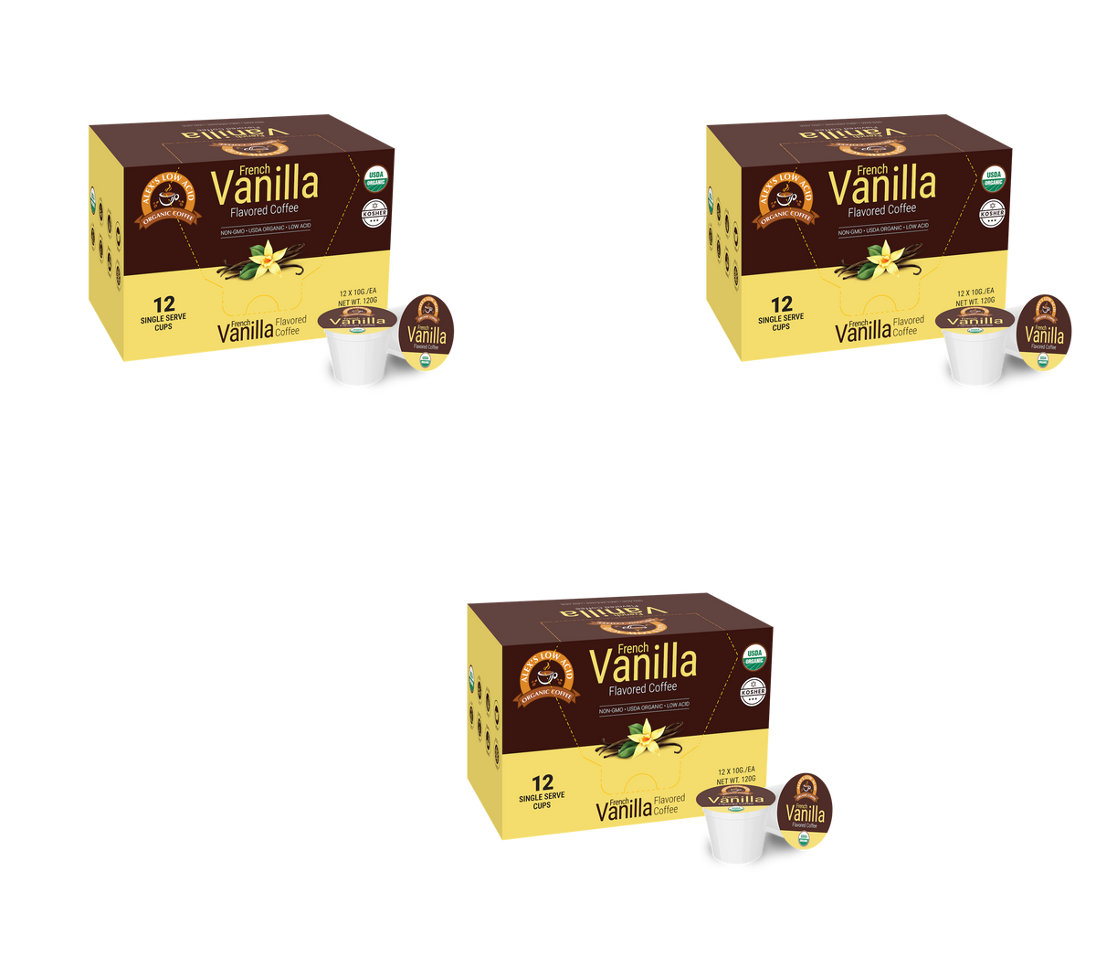 Three boxes of French Vanilla flavored coffee are displayed, each containing 12 single-serve cups, featuring a vanilla flower graphic and branding on a brown background.