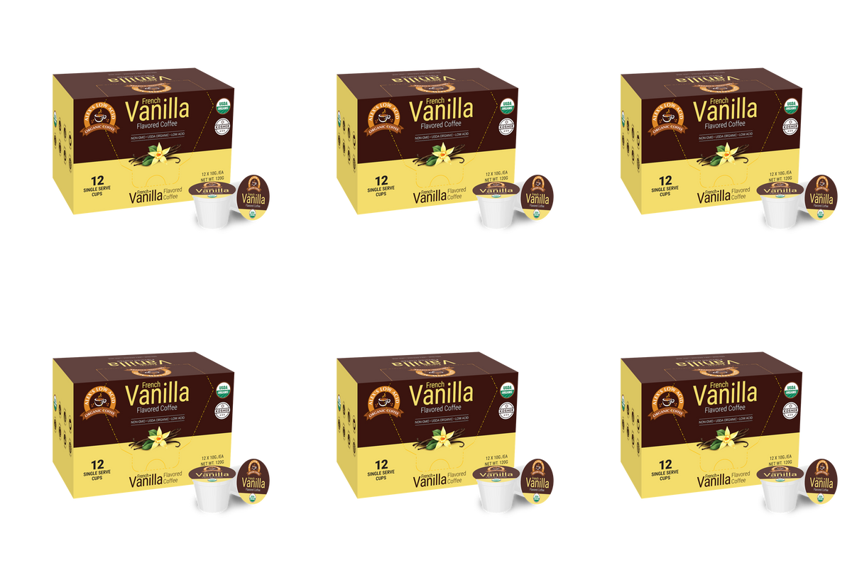 Six boxes of French Vanilla flavored coffee pods are arranged in a grid, each box containing 12 single-serve cups, featuring a yellow and brown design with a vanilla flower illustration.