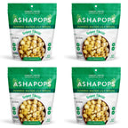 Four bags of ASHAPOPS popped water lily seeds are displayed, each featuring a green design and labeled "Vegan Cheese Flavored," highlighting their crunchy, puffed snack appeal.