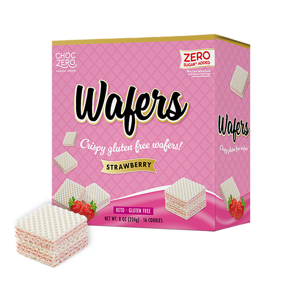 Front package of ChocZero Wafer Cookies, 8 oz, Strawberry