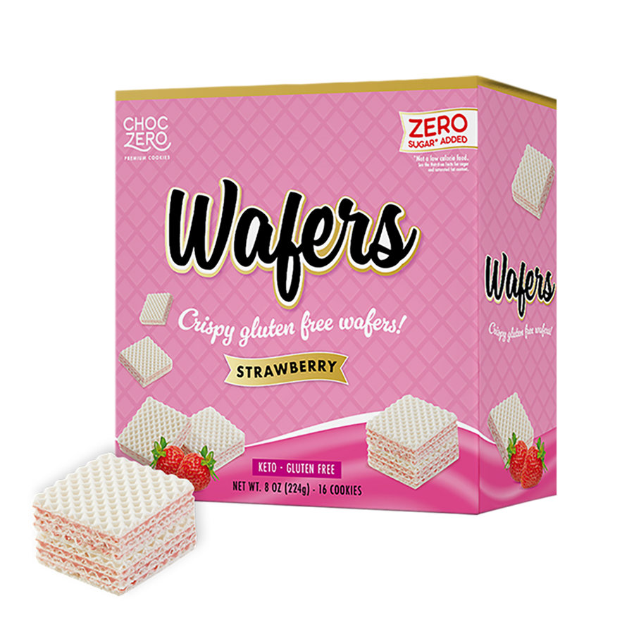 Front package of ChocZero Wafer Cookies, 8 oz, Strawberry