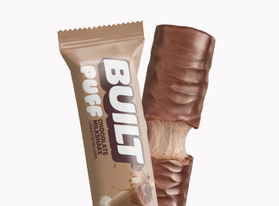 Front package of Built Bar Protein Puffs, Chocolate Milkshake / One Bar