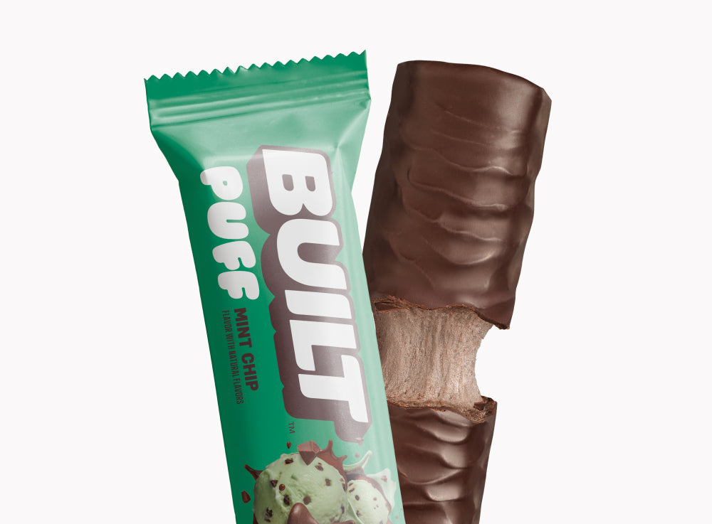Front package of Built Bar Protein Puffs, Mint Chip / One Bar