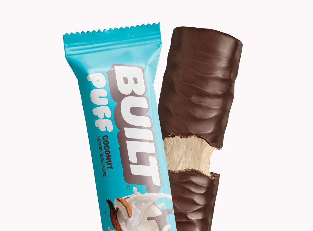Front package of Built Bar Protein Puffs, Coconut / One Bar