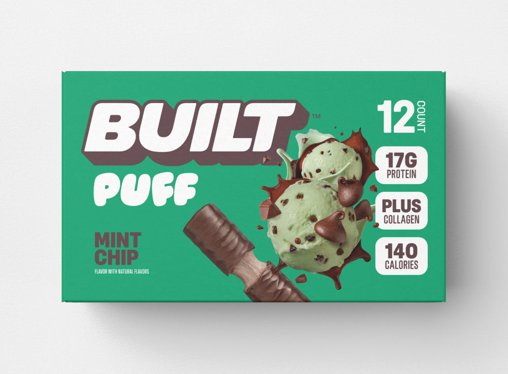 Front package of Built Bar Protein Puffs, Mint Chip / 12 Bars