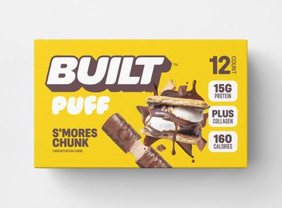 Front package of Built Bar Protein Puffs, S'mores Chunk Puff / 12 Bars