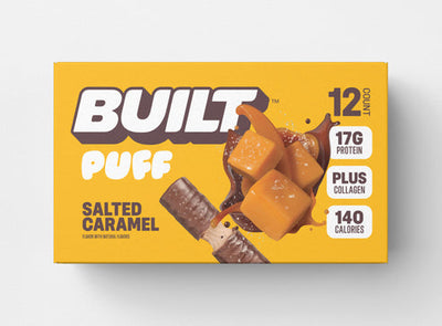 Front package of Built Bar Protein Puffs, Salted Caramel / 12 Bars