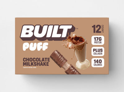 Front package of Built Bar Protein Puffs, Chocolate Milkshake / 12 Bars
