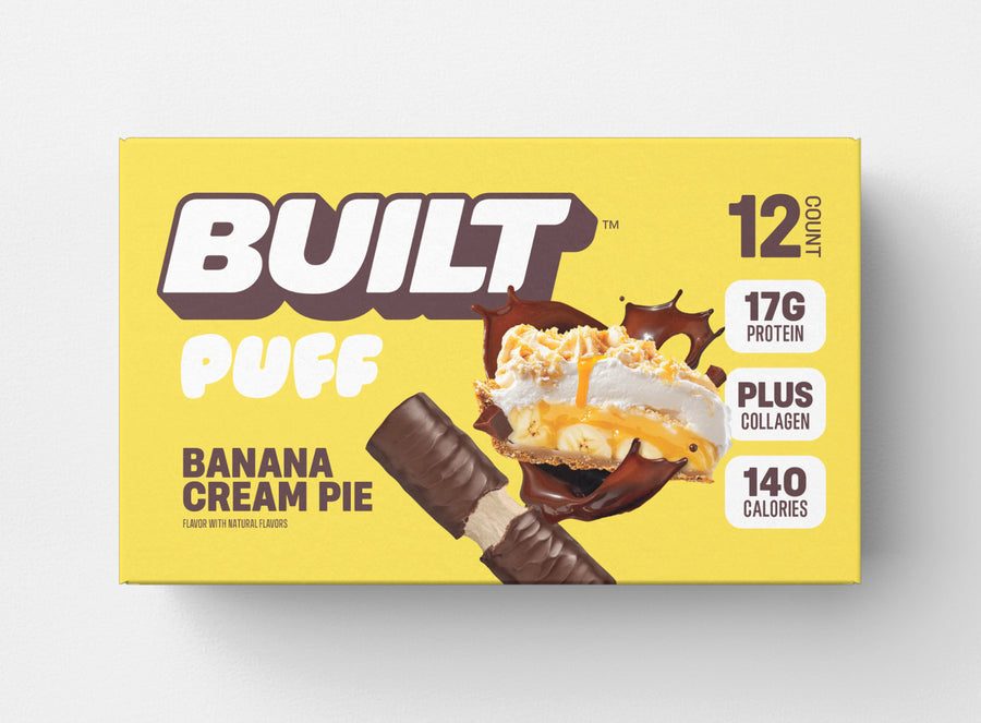 Front package of Built Bar Protein Puffs, Banana Cream Pie / 12 Bars