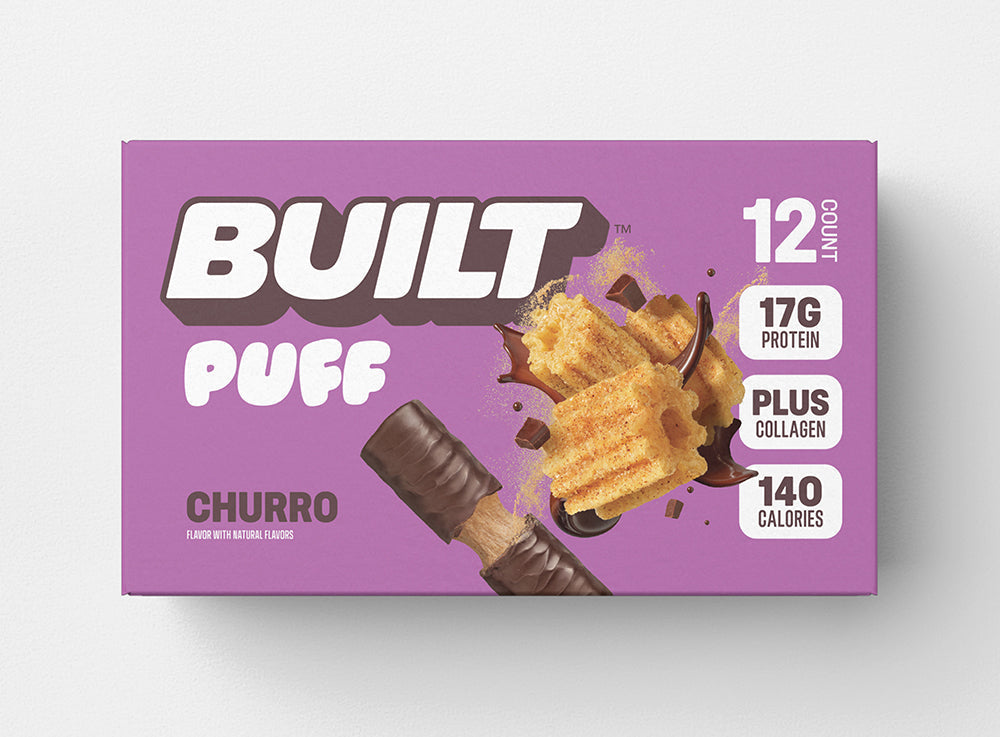 Front package of Built Bar Protein Puffs, Churro / 12 Bars