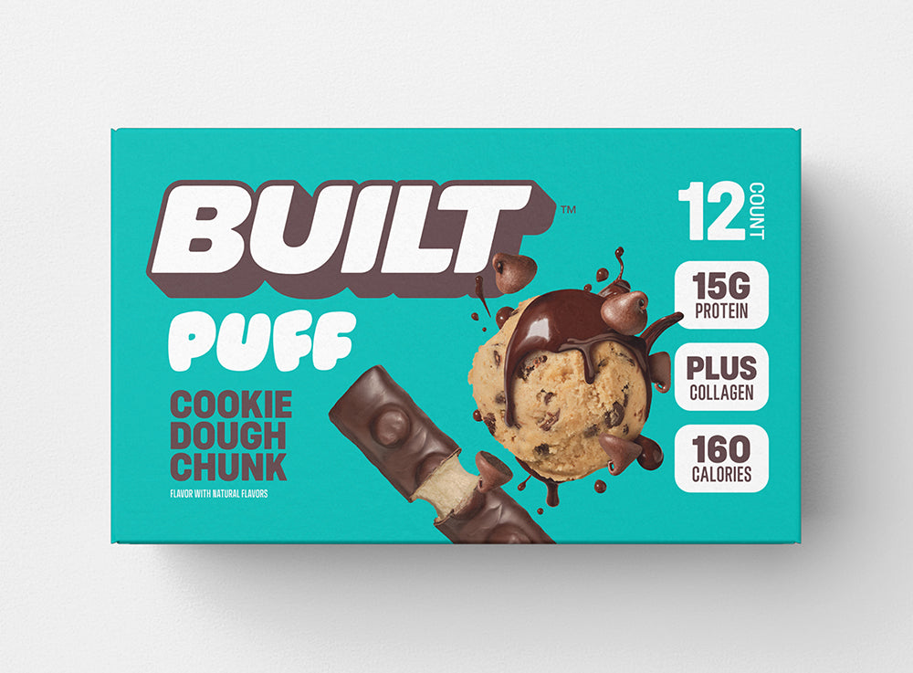 Front package of Built Bar Protein Puffs, Cookie Dough Chunk / 12 Bars