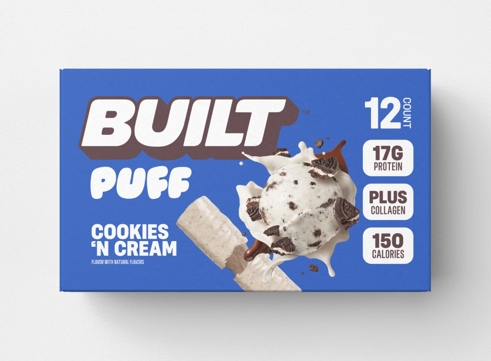 Front package of Built Bar Protein Puffs, Cookies 'N Cream / 12 Bars