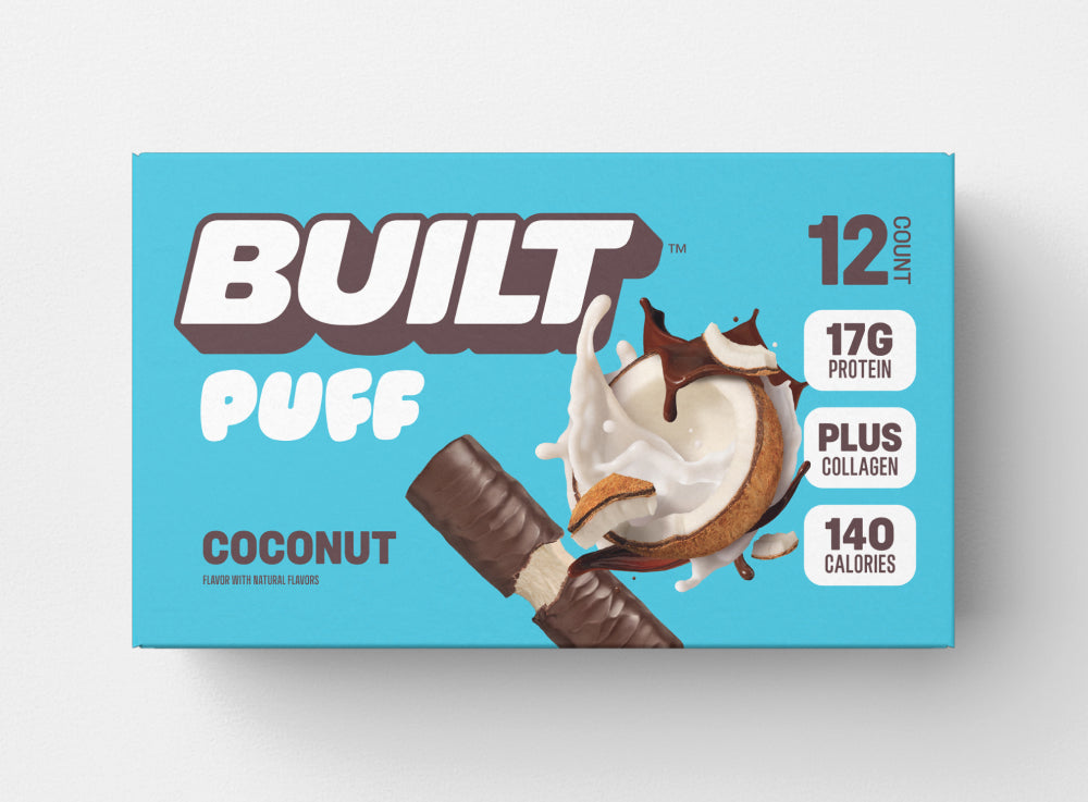 Front package of Built Bar Protein Puffs, Coconut / 12 Bars