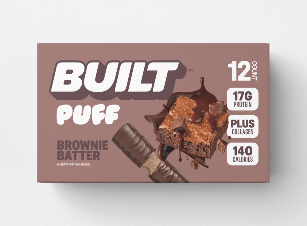 Front package of Built Bar Protein Puffs, Brownie Batter / 12 Bars