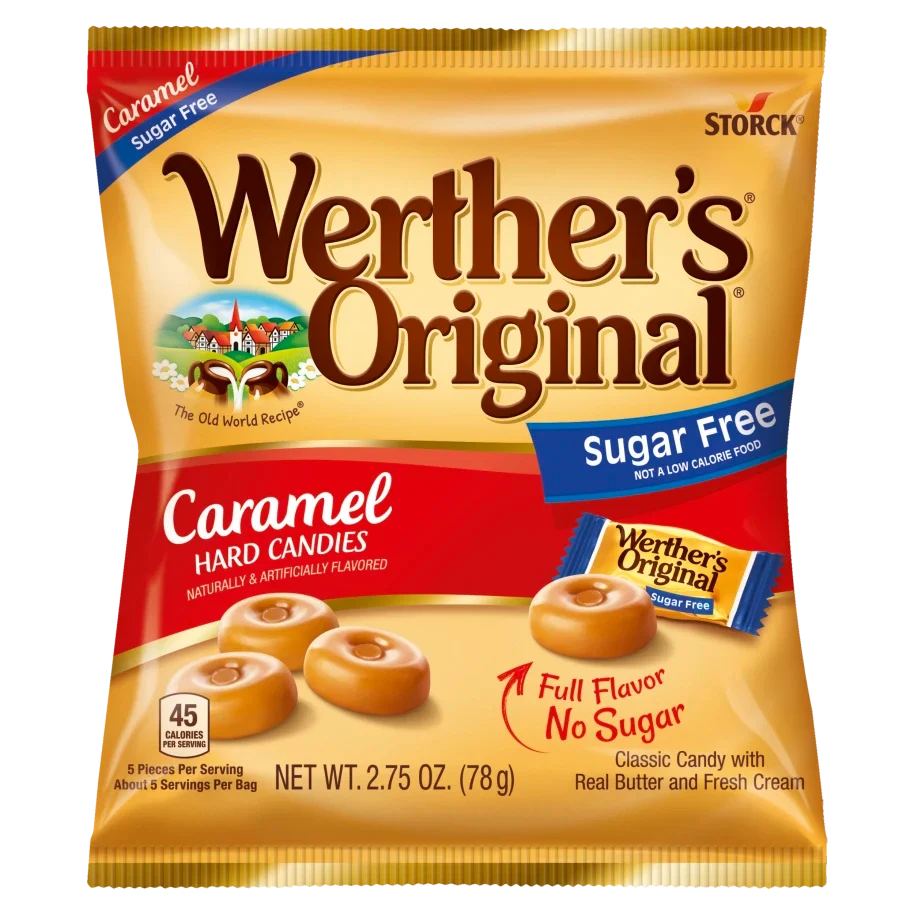 Front package of Werther's Original Sugar Free Hard Candies, Caramel, 2.75 oz