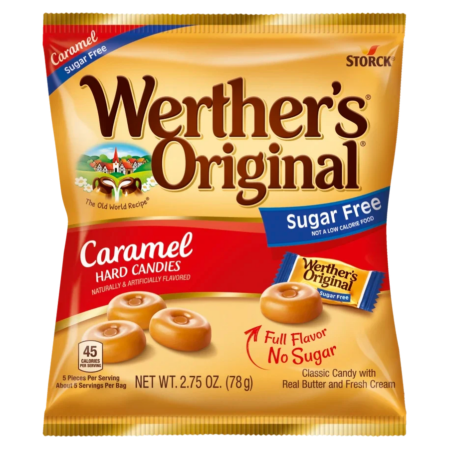 Front package of Werther's Original Sugar Free Hard Candies, Caramel, 2.75 oz