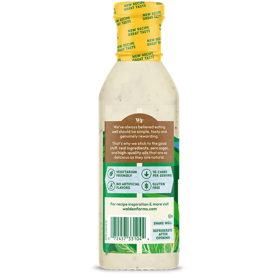 Back label of Walden Farms Dressing, Ranch flavor.