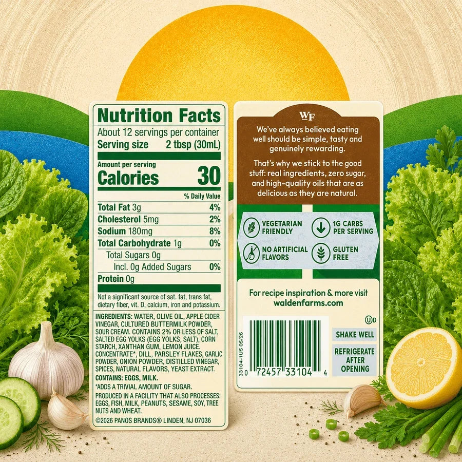 Nutrition Facts and ingredients for Walden Farms Dressing, Ranch flavor.