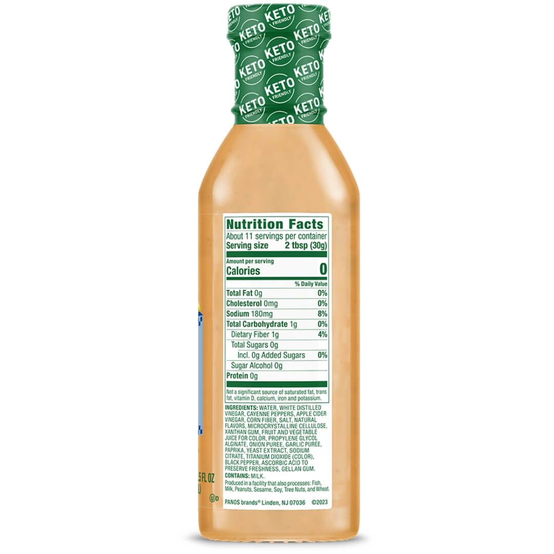 Nutrition Facts panel on Walden Farms Chicken Dip'n Sauce, Buffalo Bleu flavor bottle.