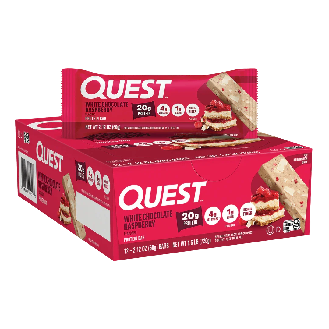 Front package of Quest Protein Bar, White Chocolate Raspberry / 12 Bars