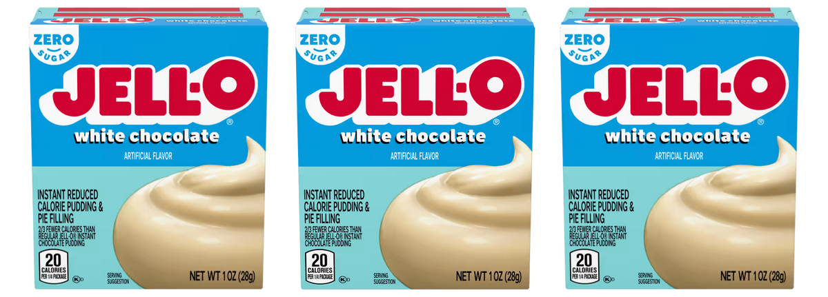 Front package of Jell-O Sugar-Free Instant Pudding, White Chocolate (1 oz) / 3-Pack