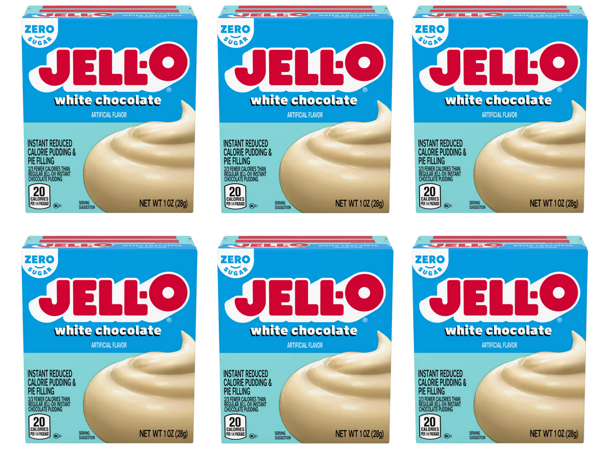 Front package of Jell-O Sugar-Free Instant Pudding, White Chocolate (1 oz) / 6-Pack