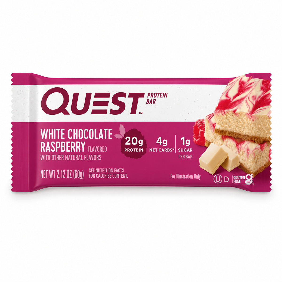 Front package of Quest Protein Bar, White Chocolate Raspberry / 1 Bar