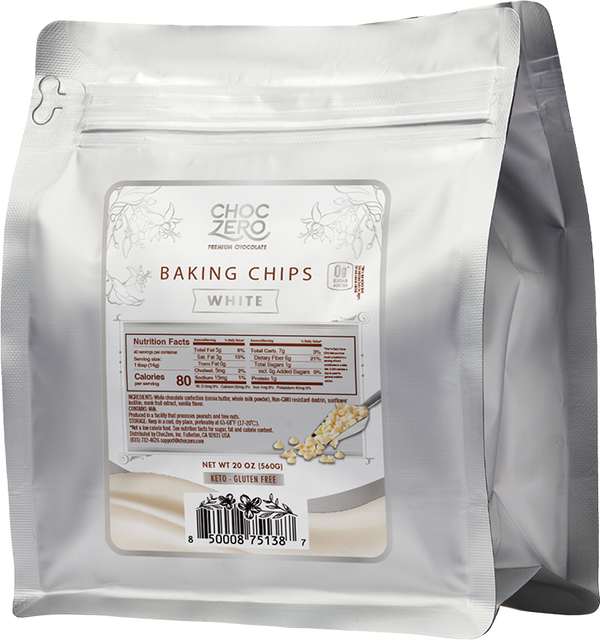 Front package of ChocZero No Sugar Added White Chocolate Baking Chips 20 oz