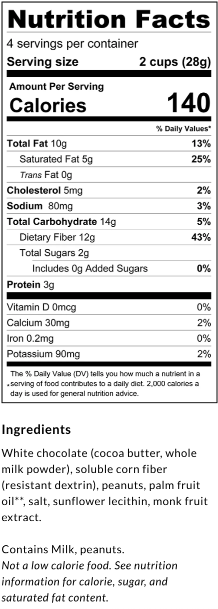 Package information for ChocZero Peanut Butter Cups, 4oz, White Chocolate